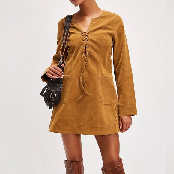 Free People Bradley Faux Suede Mini Dress Tobacco - Picture 1 of 12